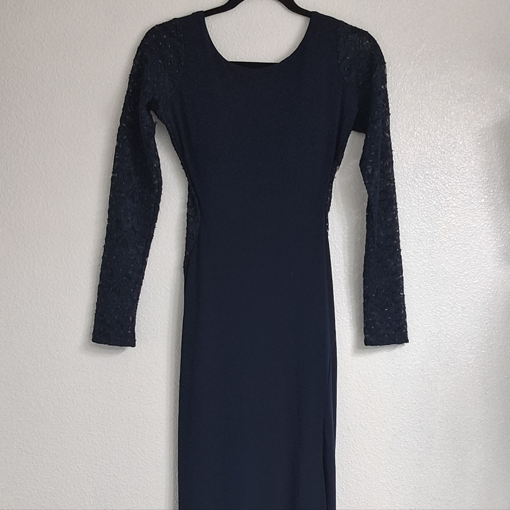 Sequin Hearts Navy Blue Formal Gown With Sparkly Lace Sleeves    Size 5